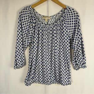Michael Kors Navy & White Patterned Blouse Boho Peasant Loose Flowy Cottagecore